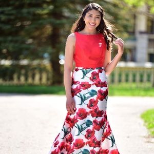 2 Piece Mermaid Prom Dress Red/White with Roses